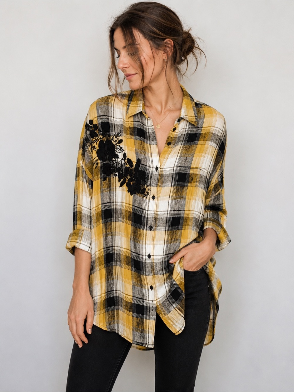 Anthropologie Maeve oversized Embroidered Plaid Gauze Buttondown Tunic XS/S